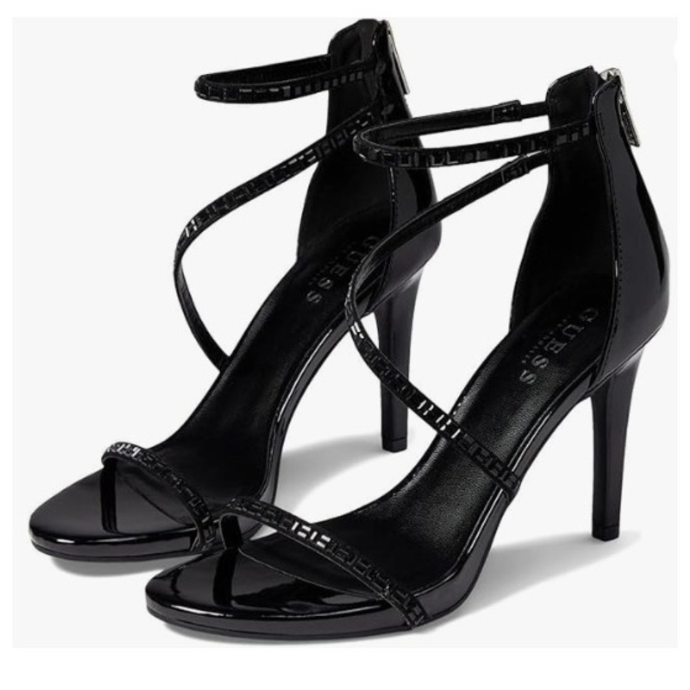Guess Wholes Black Patent Embellished  Ankle Strap Zip Back‎ Stietto Heels 9.5M